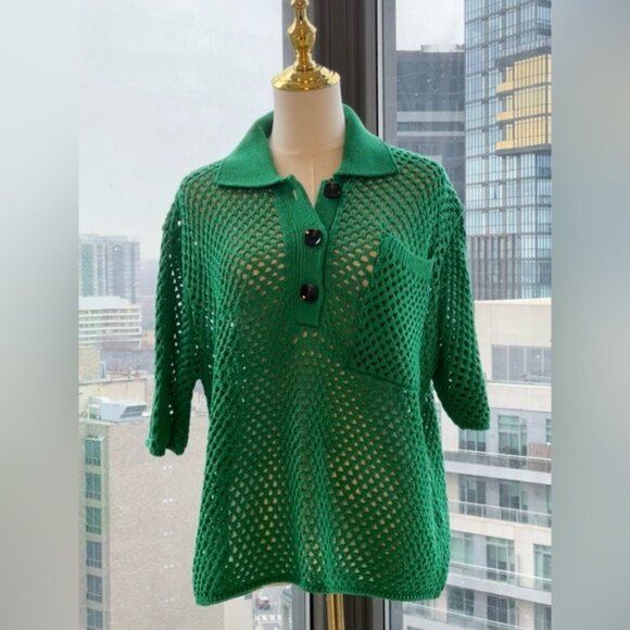 🆕 FARM Rio 🧿 NWOT Kelly Green Crochet Collared Polo, Sz L - Picture 5 of 14